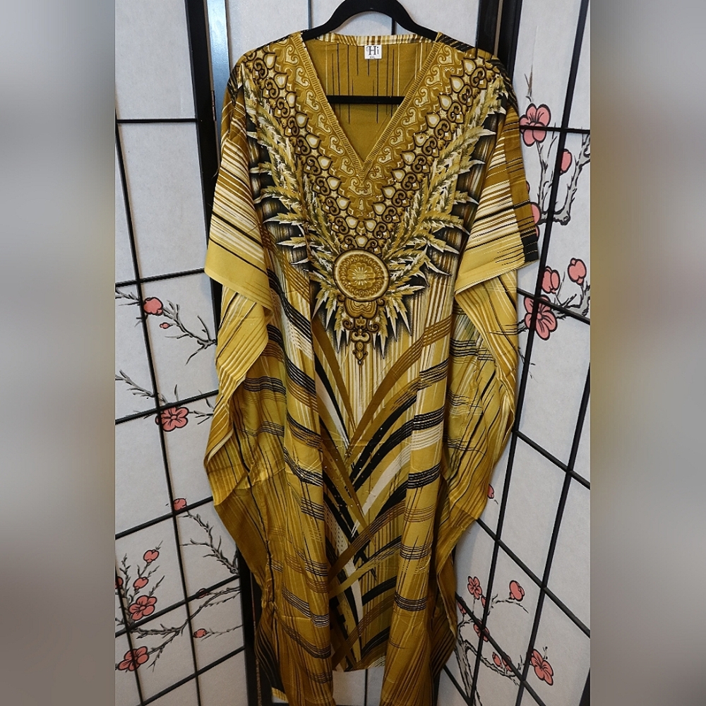 Elegant Gold Black Dashiki Mumu Kaftan Dress XXL NWOT